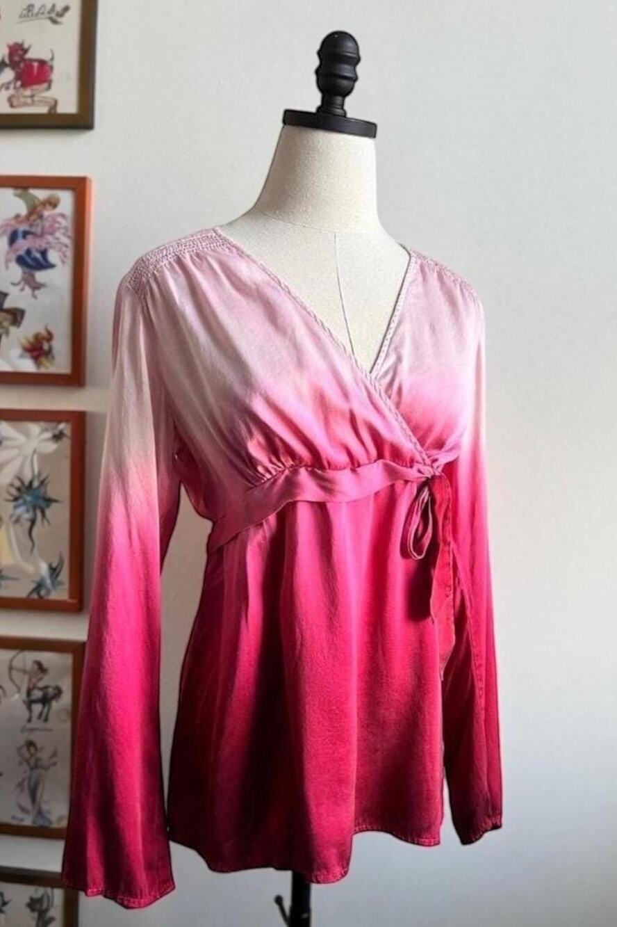 Vintage 90s Silk Bias Cut Top | Red Pink Ombre Blouse Tie Waist | M/L
